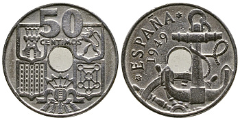 ИСПАНИЯ 50 СЕНТИМО 1949 (62) ФРАНСИСКО ФРАНКО ДИКТАТОР ИСПАНИИ (1939-1975), МОРСКАЯ АТРИБУТИКА KM 777 медно-никель 4385-657