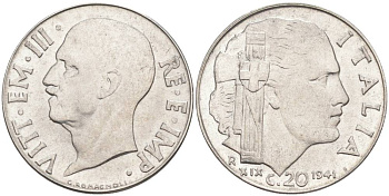 ИТАЛИЯ 20 ЧЕНТЕЗИМО 1941 R, ГОД XIX, ВИКТОР ЭММАНУИЛ III (1900-1946) KM 75b, VEM3. 1028 нержавеющая сталь 3853-713