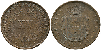 ПОРТУГАЛИЯ 20 РЕЙС 1849 МАРИЯ II (1834-1853) KM 482 медь 1521-1032