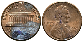США 1 цент 1992 Линкольн KM 201b цинк плакированный медью    4608-845