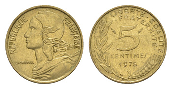 Франция 5 сантимов 1975 тип Morlon KM 933, Le Franc 125.11 алюминиевая бронза UNC 4630-328