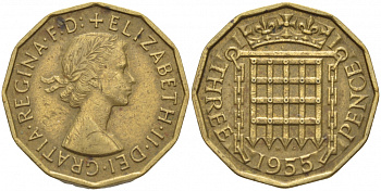 Великобритания 3 пенса 1955 Елизавета II (1952-2022) KM 900, Spink 4153 никель латунь 175-1031