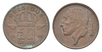 Бельгия 50 сантимов 1955 Belgique, Бодуэн I (1951-1993) KM 148 бронза 4705-221