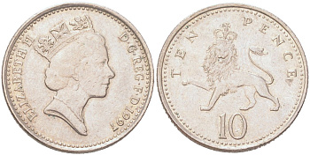 Великобритания 10 пенсов 1997 Елизавета II (1952-2022) KM 938b, Spink F4 медно-никель 4128-452
