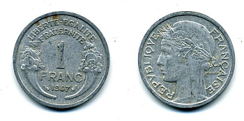 ФРАНЦИЯ 1 ФРАНК 1947 KM 885a.1 алюминий 29-833