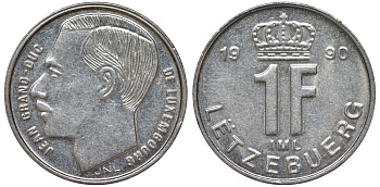 Люксембург 1 франк 1990 Герцог Жан (1964-1999) KM 63 сталь плакированная никелем 4532-836