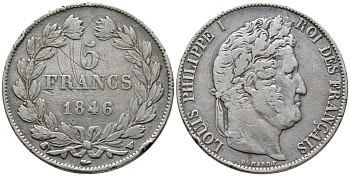 Франция 5 франков 1846 W, Луи Филипп I (1830-1848) LE FRANC 325.13, KM 749.13 серебро 1066-6-55