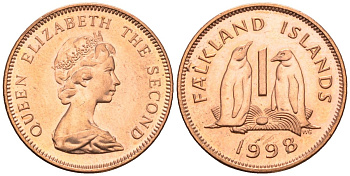 Фолклендские острова 1 пенни 1998 Елизавета II (1952-2022), папуанский пингвин KM 2 a сталь плакированная медью aUNC 220-916