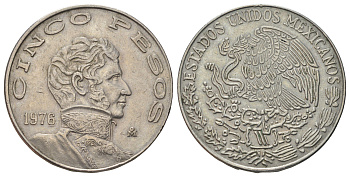 Мексика 5 песо 1976 Mo, Винсенте Герреро KM 472 медно-никель 4587-632