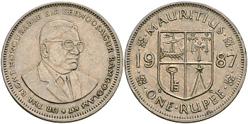 Маврикий 1 рупия 1987 Сивусагур Рамгулам KM 55 медно-никель 25-1221