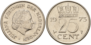 Нидерланды 25 центов 1973 Юлиана (1949-1980) KM 183 никель    4598-468