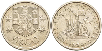 ПОРТУГАЛИЯ 5 ЭСКУДО 1974 ПАРУСНИК KM 591 медно-никель UNC 4513-1045