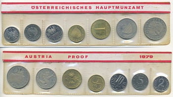 Австрия набор из 7 монет  1979  2, 5, 10, 50 грошей, 1, 5, 10 шиллингов, в целлофане KM PS 39 PROOF 4400-1-1