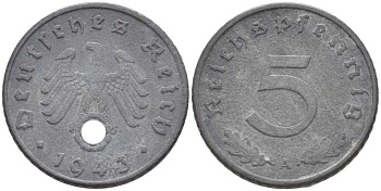 ГЕРМАНИЯ 5 РЕЙХСПФЕННИГОВ 1943 A KM 100, J. 370 цинк 211-541