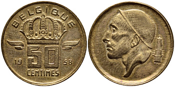 БЕЛЬГИЯ 50 САНТИМОВ 1958 BELGIQUE KM 148.1 бронза 4392-826