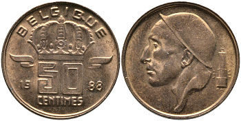 БЕЛЬГИЯ 50 САНТИМОВ 1988 BELGIQUE, БОДУЭН I (1951-1993) KM 148.1 бронза 99-1216