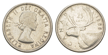 Канада 25 центов 1958 Елизавета II (1952-2022), олень KM 52 серебро 4631-912