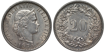 Швейцария 20 раппенов 1974 KM 29а медно-никель 4128-726