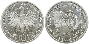 ФРГ 10 МАРОК 1992 D, 150 ЛЕТ ОРДЕНУ Pour-le-Merite ЗА ЗАСЛУГИ В НАУКЕ И СКУССТВЕ KM 179 серебро UNC 443-435