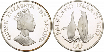 Фолклендские острова 50 пенсов 1987 серия 25 лет окружающей среды, королевские пингвины KM 25a серебро PROOF 1068-5-42
