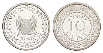 Суринам 10 центов 2008 тираж 1000 экземпляров KM 13a медно-никель BU 4625-338
