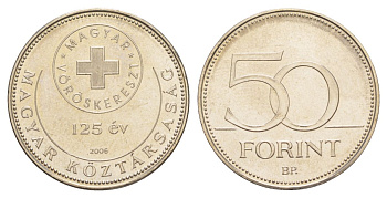 Венгрия 50 форинтов 2006 BP, 125 лет основанию Венгерского Красного Креста KM 788 латунь с медно-никелевым покрытием-никелевый сплав с никелевым покрытием UNC 4593-324