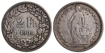 Швейцария 1/2 франка 1905 KM 21 серебро 59-421