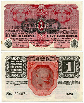 АВСТРИЯ 1 КРОНА 1919 ЧЕРНАЯ ГОРИЗОНТАЛЬНАЯ НАДПЕЧАТКА НА 1918 Pick 49 бумага 7523-55-1