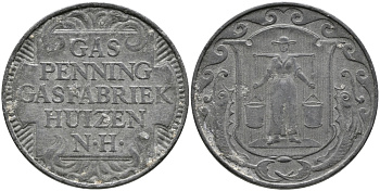 НИДЕРЛАНДЫ ЖЕТОН ND ХЁЙЗЕН ГАЗ ПФЕННИГ, ГАЗОВАЯ ФАБРИКА HUIZEN N.H., ДИАМЕТР 23,5 ММ. цинк 65-1052
