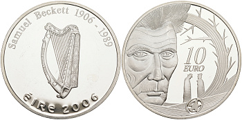 Ирландия 10 евро 2006 100 лет со дня рождения Сэмюэля Беккета, писатель, драматург, нобелевский лауреат KM 45 серебро PROOF 1091-9-43