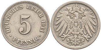 Германия 5 пфеннигов 1911 A KM 11, J. 12, Weege 6 медно-никель 4151-525