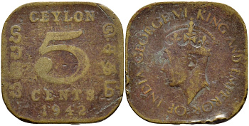 ЦЕЙЛОН 5 ЦЕНТОВ 1942 ГЕОРГ VI KM 113.1 никель латунь 4392-1267