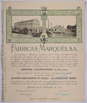 ИСПАНИЯ АЦИЯ НА 500 ПЕСЕТ 1953 FABRICAS MARQUES S.A., МАДРИД 1953 бумага 5544-6