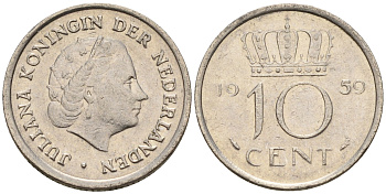 Нидерланды 10 центов 1959 Юлиана (1948-1980) КМ 182 никель    4602-531