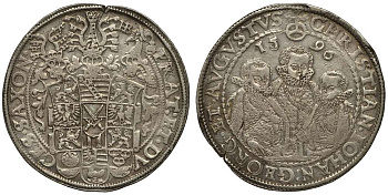 Саксония 1 талер 1596 HB, Август, Кристиан, Иоанн, три поясных портрета Keilitz/Kahnt 186, Schnee 754, Davenport 9820. серебро 00-000-00