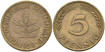 ФРГ 5 пфеннигов 1950 J KM 107, J. 382 сталь плакированная латунью 4585-769