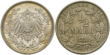 Германия 1/2 марки 1917 Е KM 17, J. 16 серебро UNC 65-252