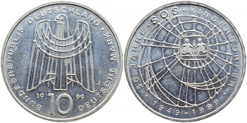 ФРГ 10 марок 1999 J, 50 лет организации защиты детей KM 198 серебро UNC 1520-1515