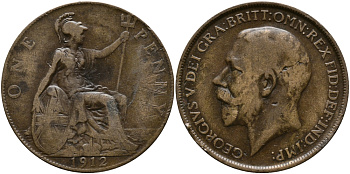 Великобритания 1 пенни 1912 Георг V (1910-1936) KM 810, Spink 4051 бронза 4607-633
