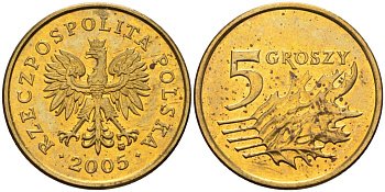 Польша 5 грошей 2005 MW KM 278, Parchimowicz 703l латунь 4580-559