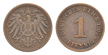 Германия 1 пфенниг 1905 A, Вильгельм II (1888-1918) KM 10, J. 10 медь 4639-1126