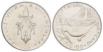 Ватикан 100 лир 1970 MCMLXX KM 122 нержавеющая сталь UNC 4700-646