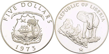 Либерия 5 долларов 1974 африканский слон KM 29 серебро PROOF 00-000-00