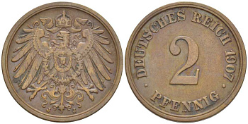 ГЕРМАНИЯ 2 ПФЕННИГА 1907 J KM 16, J. 11, Weege 4 медь 206-537