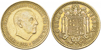 ИСПАНИЯ 1 ПЕСЕТА 1966 (73) ФРАНСИСКО ФРАНКО ДИКТАТОР ИСПАНИИ (1939-1975) КМ 796 алюминиевая бронза 87-1455
