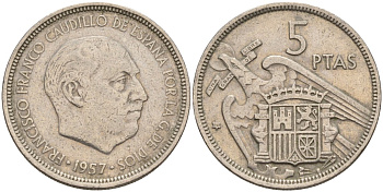 Испания 5 песет 1957 (72) Франсиско Франко (1939 - 1975) KM 786 медно-никель 4155-557