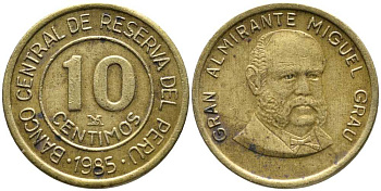 Перу 10 сентимо 1985 LIMA, Мигель Грау Семинарио KM 293, Schon 94 латунь 105-953