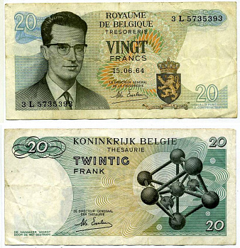 Бельгия 20 франков 1964 Бодуэн I, атомиум, Esselens Pick 138 (2) бумага 6266-11-3