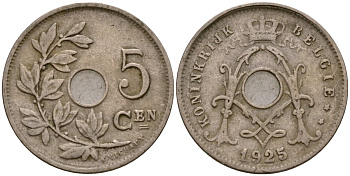 Бельгия 5 сантимов 1925 Король Альберт I (1910 - 1934) KM 67 медно-никель 4549-227