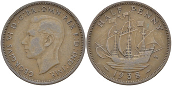 Великобритания 1/2 пенни 1938 Георг VI (1936-1952) KM 844, Spink 4115 бронза 4539-237